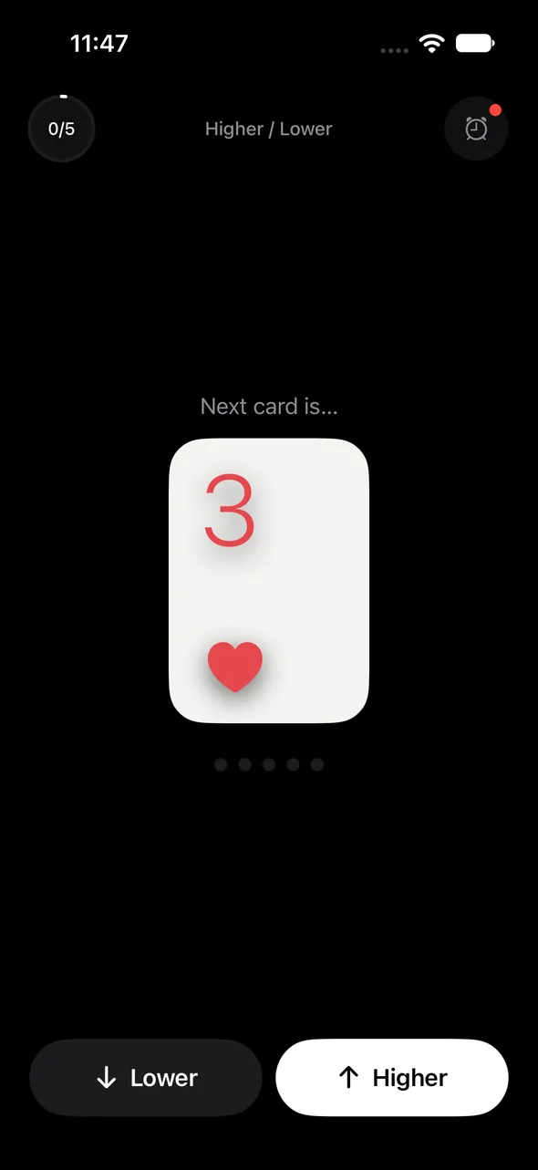 Napz Higher or Lower: a three of hearts, and a choice between Lower and Higher.
