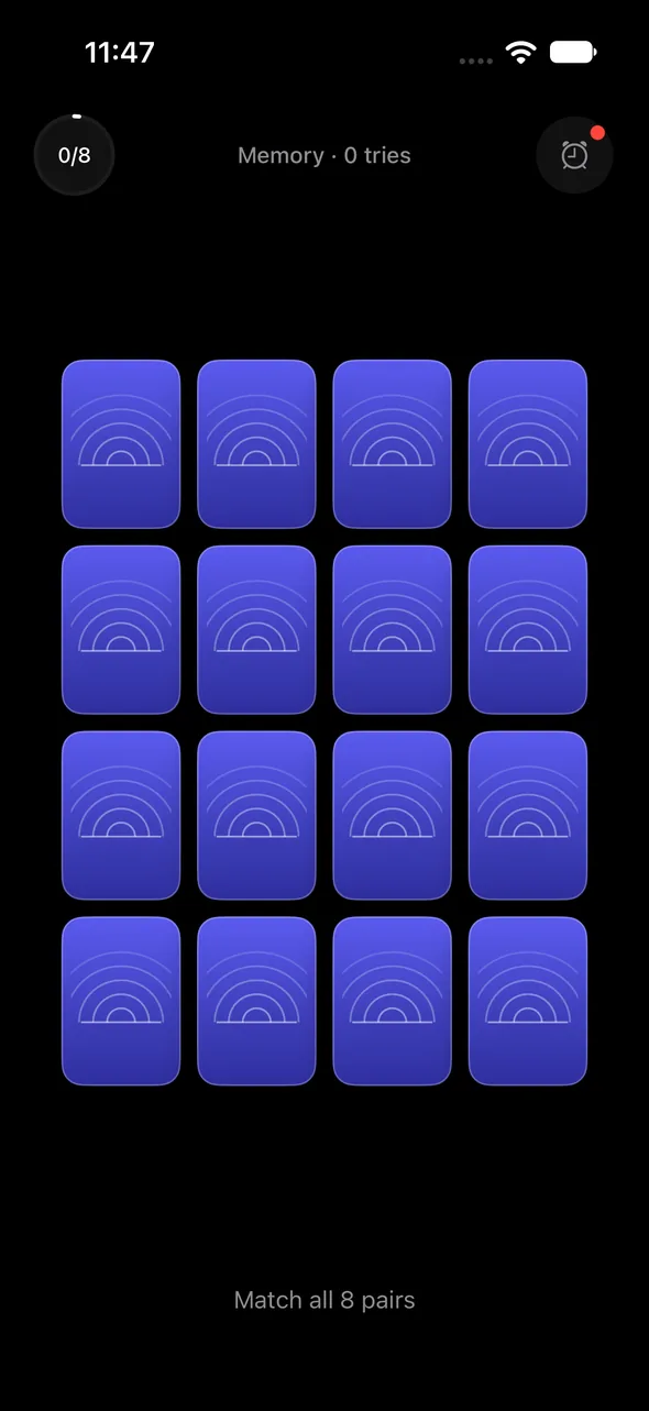 Napz Memory: a four-by-four grid of face-down cards, match all eight pairs.