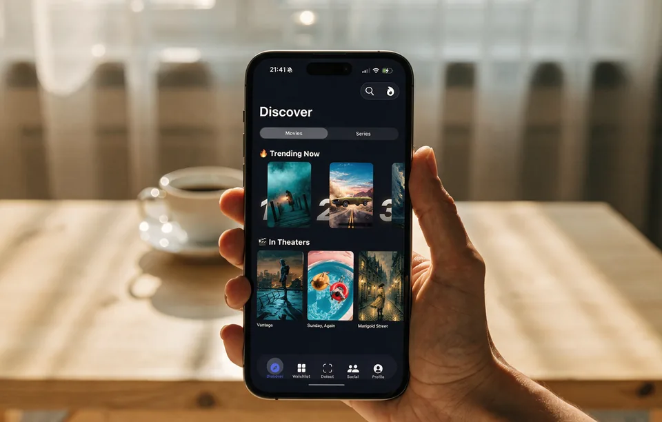 An iPhone on a desk beside a coffee cup, showing Reelo's Discover screen.